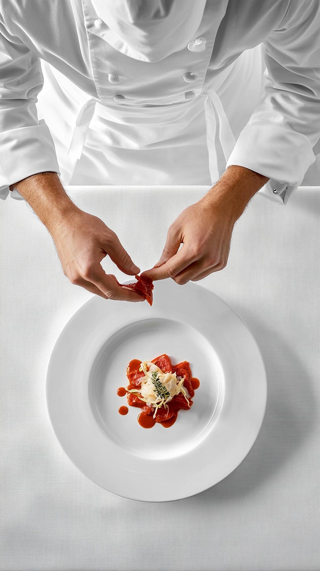 Instructor arranging plated dish on wooden table